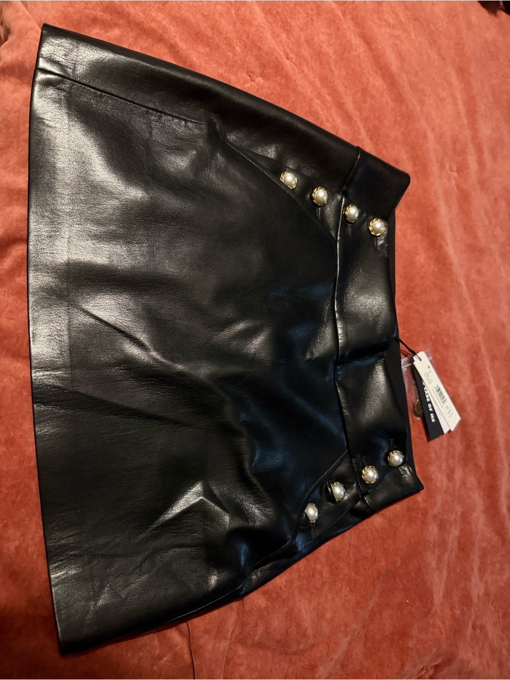 Alice + Olivia Donald Faux Leather Skirt, Pearl Button Detailing - NWT - Size 10